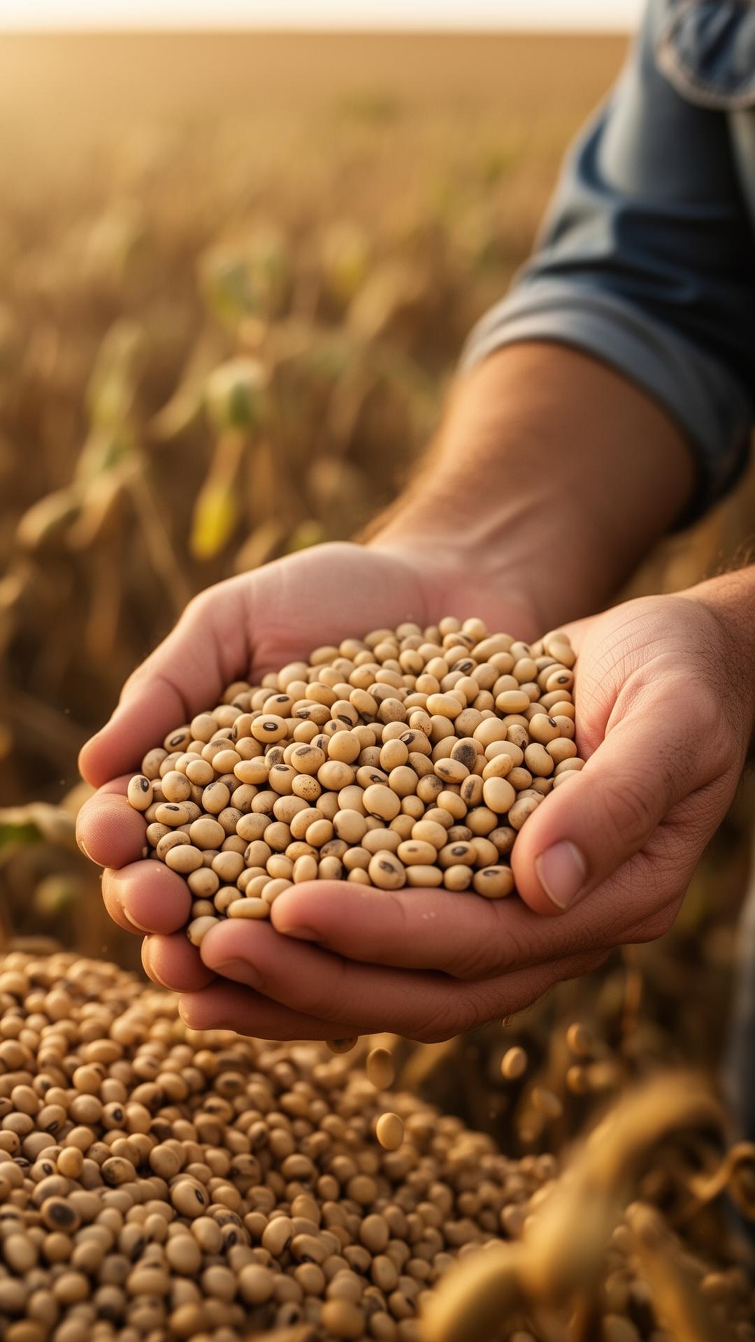 Mãos de produtor rural segurando grãos de soja